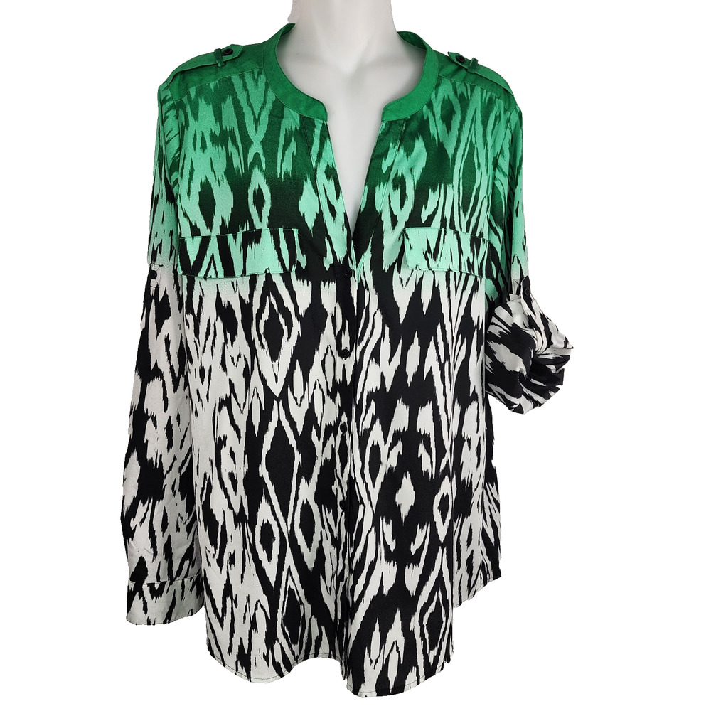 Calvin Klein Womens Top L Green Black Ikat Print Roll Tab Sleeve V Neck Button